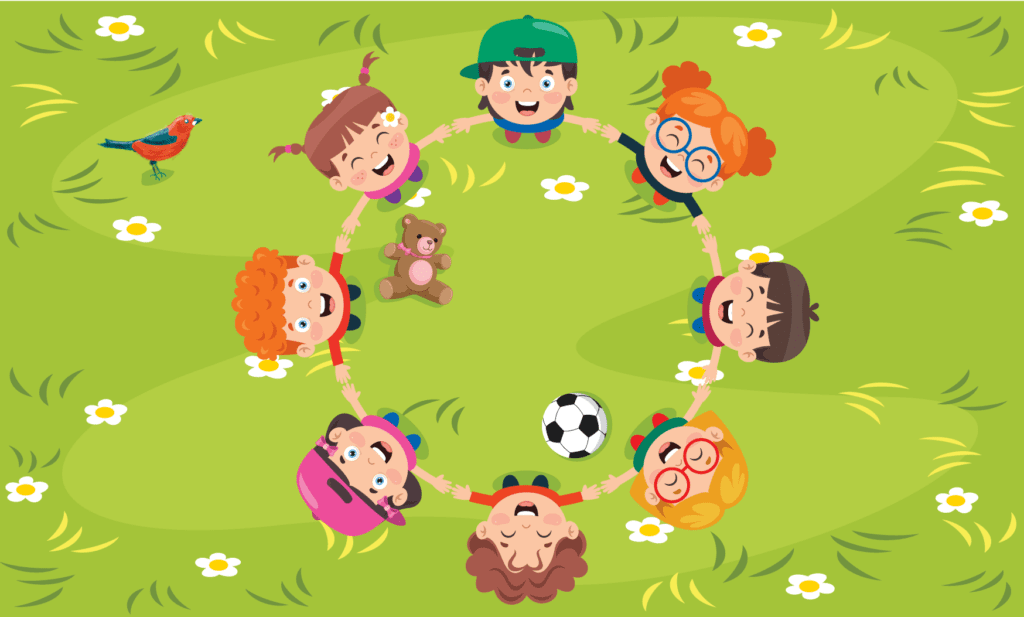 Crianças de mãos dadas em roda, competências socioemocionais