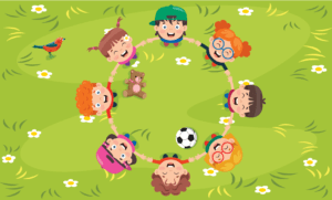 Crianças de mãos dadas em roda, competências socioemocionais